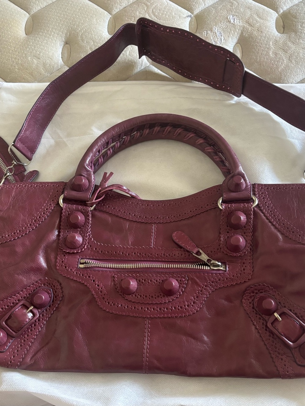 Balenciaga Burgundy Leather Shoulder Bag with Stud Accents